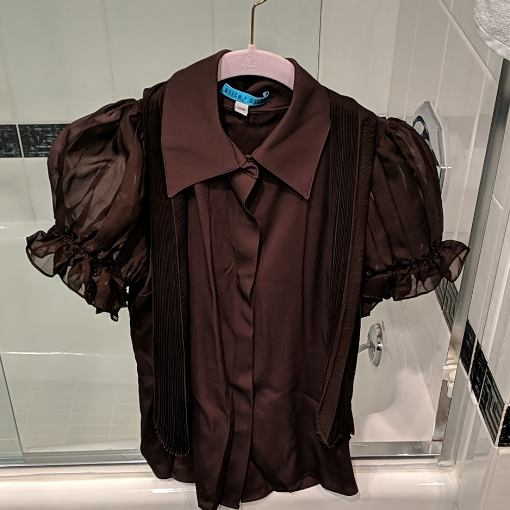 Alice + Olivia silk ruffled chocolate brown blouse